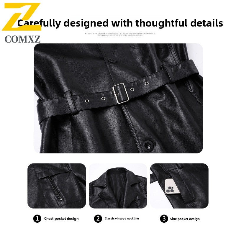 New Mid-length Men's Leather Jacket Spring and Autumn Fashion Functional Lapel PU Jacket Retro Men's Motorcycle Leather Jacket