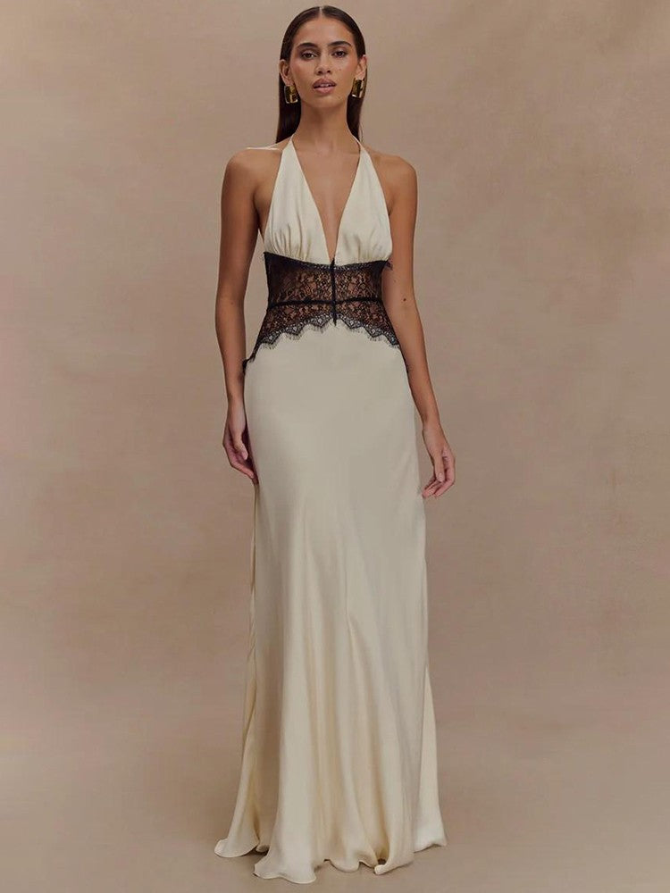 Mozision Summer Backless Sexy Maxi Dress Women Gown Patchwork Lace Halter Deep V