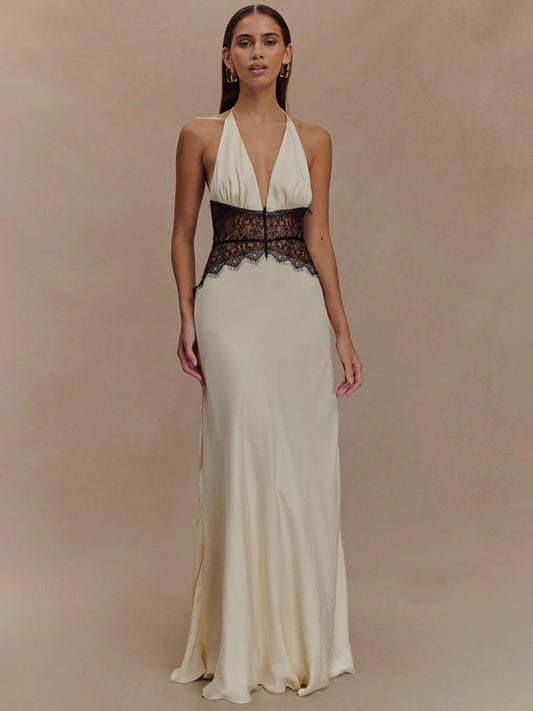 Mozision Summer Backless Sexy Maxi Dress Women Gown Patchwork Lace Halter Deep V