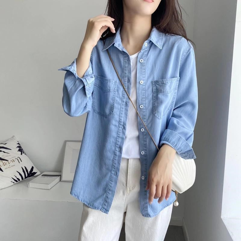 Autumn 2025 New Denim Shirts And Blouse For Women Korean Style Long Sleeve Top Blue Or Sky Blue Color Jeans Elegant Blouses