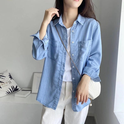 Autumn 2025 New Denim Shirts And Blouse For Women Korean Style Long Sleeve Top Blue Or Sky Blue Color Jeans Elegant Blouses