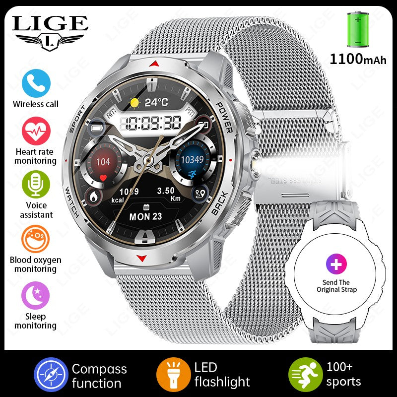 LIGE Novo Smartwatch Masculino com Bateria de 1100mAh para Esportes ao Ar Livre, Lanterna LED, Bússola, Chamada Bluetooth