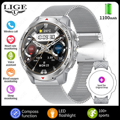 LIGE Novo Smartwatch Masculino com Bateria de 1100mAh para Esportes ao Ar Livre, Lanterna LED, Bússola, Chamada Bluetooth