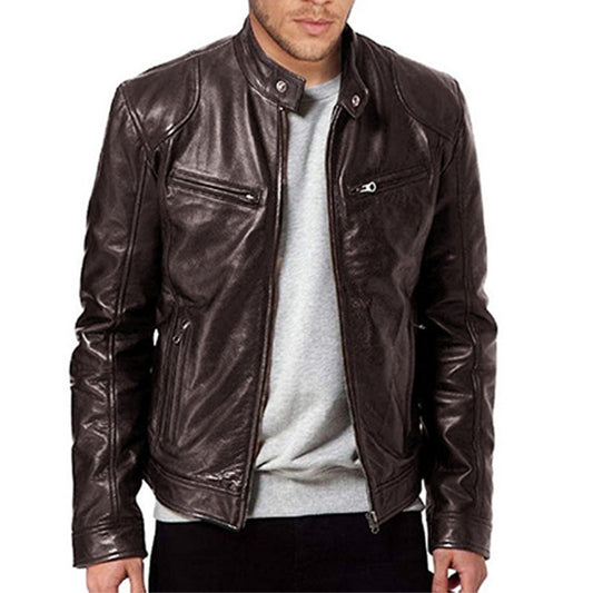 Men' s Retro Leather Jacket Stand Collar Biker Jacket Slim fit Multi-Pocket Coat Autumn Winter Outwear