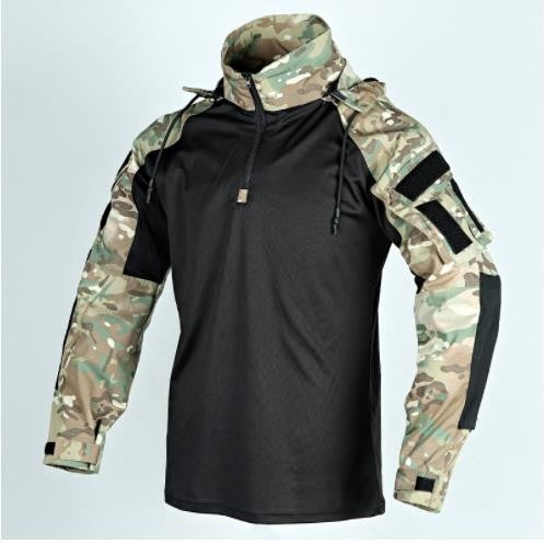 Men Outdoor Hooded Collar Shirt Tactics Hiking Combat T-Shirt Men Tactical Shirts Airsoft Paintball Camping Hunting Clothing