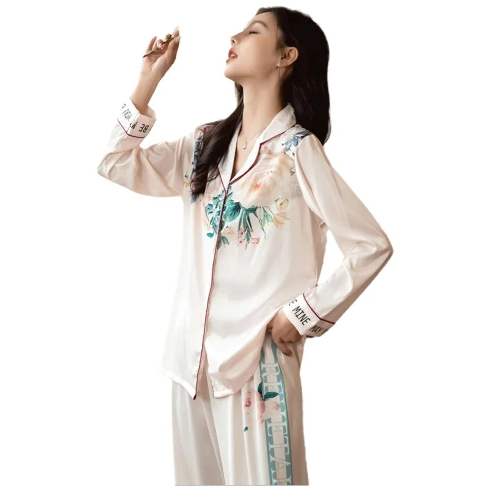 Lightweight Long-Sleeve Silk Pajamas Set for Young Girls French-Style Casual Homewear Nightwear Women's Comfortable Sleepwear