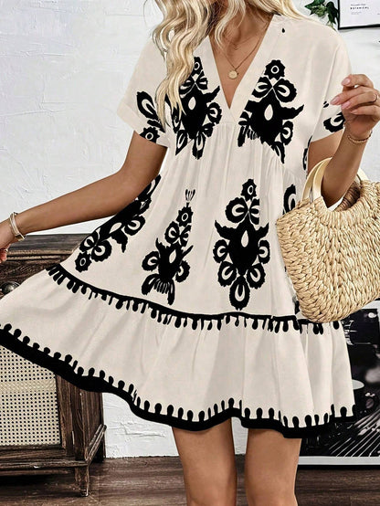 Plus size, women's fashionable short-sleeved V-neck dress, retro ethnic style fashion women's dress - elastic