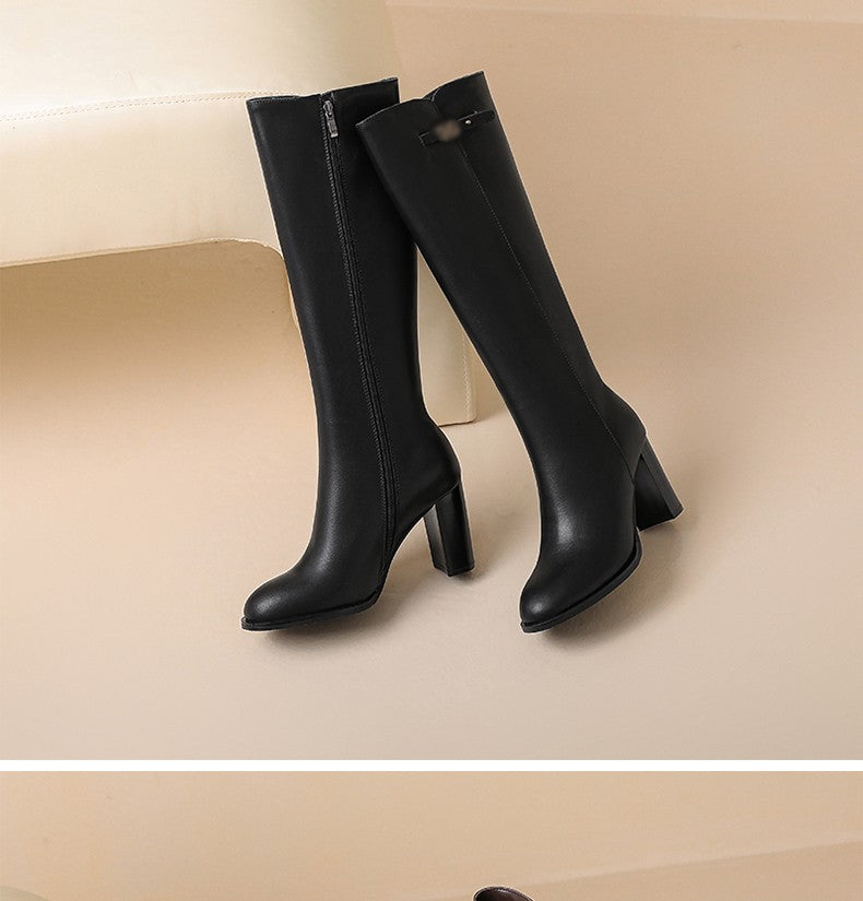 Ods Soft Cow Leather Black Knee High Boots Chunky Mid Heels Zipper Women's Long Boot Big Size Luxury Designer Sexy Shoes 4143 46