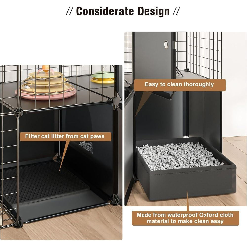 Recinto Multifuncional para Gatos de 3 Níveis: Cercadinho Interno/Externo com Caixa de Areia e Gaiola de Metal Destacável