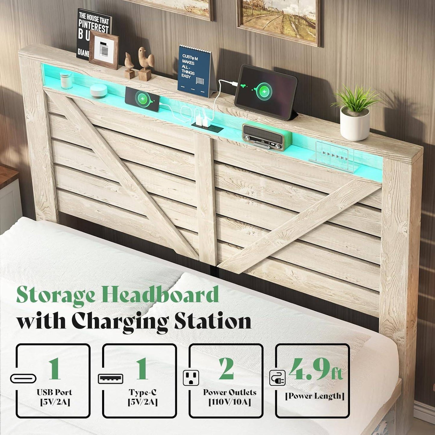 Farmhouse Bed Frame with 4 Drawers & 4 Open Storage Space, Queen Size Storage Bed with LED Light & Charging Station, Woo