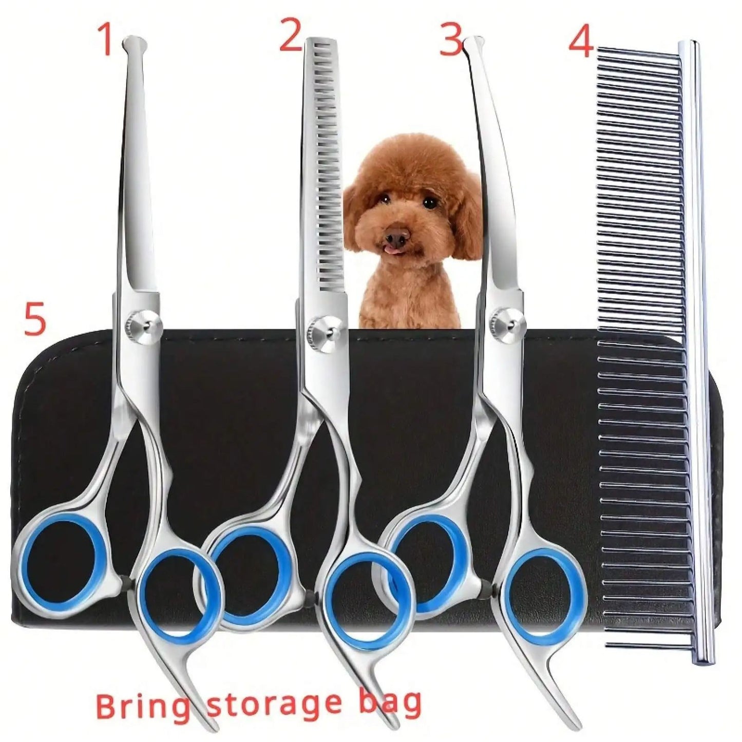 Conjunto de 5 Tesouras Profissionais de Estética para Animais de Estimação - Essencial para Animais de Estimação, Apenas para Móveis, Caixa de Armazenamento Preta