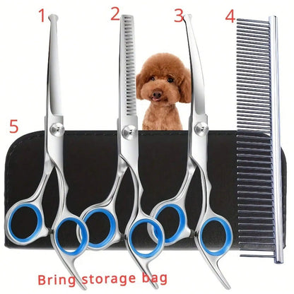 Conjunto de 5 Tesouras Profissionais de Estética para Animais de Estimação - Essencial para Animais de Estimação, Apenas para Móveis, Caixa de Armazenamento Preta