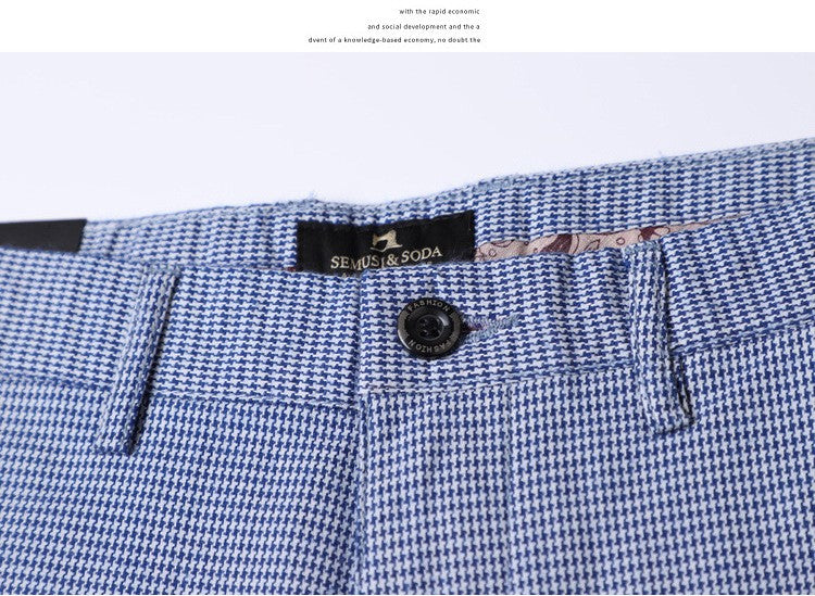 Summer Plaid Pants Men Slim Blue Suit Pants Men Stretch Business Formal Trousers Men