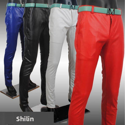 Men's Slim Fit Leather Pants Motorcycle Trendy Sle Long Trousers Thiened PU Fabric Summer Season Faionable Biker Pants