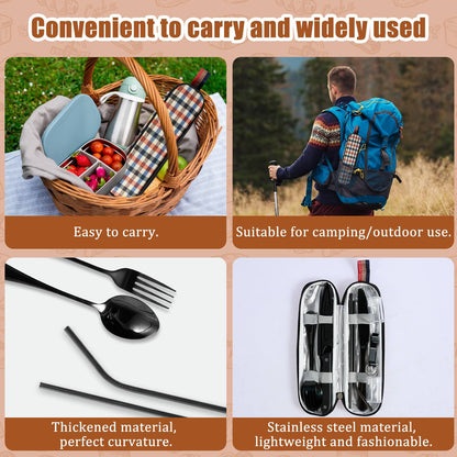 Kit de Talheres de Viagem 10 Peças com Bolsa de Armazenamento Talheres de Viagem de Aço Inoxidável Kit de Utensílios Portátil para Acampamento Kit de Talheres de Viagem