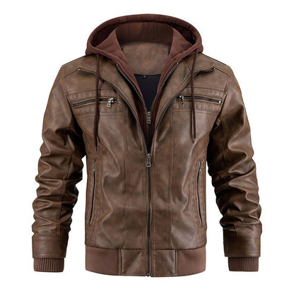 Men's PU Leather Jacket Hooded Motorcycle Slim Fit Casual Coats Men Autumn Winter Windproof Hat Detachable Biker Leather Outwear