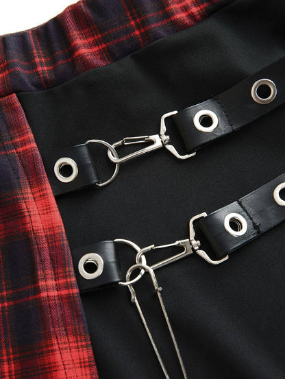 ROSEAGL Plus Size Plaid Patchwork Grommets PU Leather Stripes Asymmetrical Skirt Female Casual Large Size Women Y2K Skirts