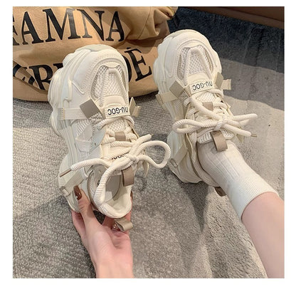Women's Chunky Sneakers  Breathable Mesh Platform Sports Shoes Woman Fashion Lace Up Thick Sole Casual Shoes Mujer
