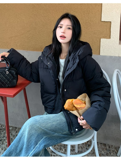 Korean Winter Women Black Beige Hood Zipper Down Jacket Ladies Blue Single Breasted Short Warm Thick Bread Coat Streetwear Trend
