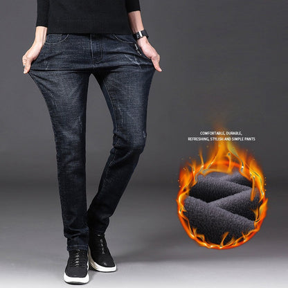 Men Winter Thermal Jeans Snow Warm Stretch Straight Jeans Man Fleece Denim Long Pants Cool Narrow Leg Slim Fit Blue Trousers