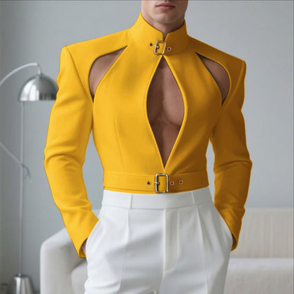 INCERUN Men Blazer Solid Stand Collar Long Sleeve Hollow Out Male Suit Streetwear Personality Fashion Casual Blazer With Belt