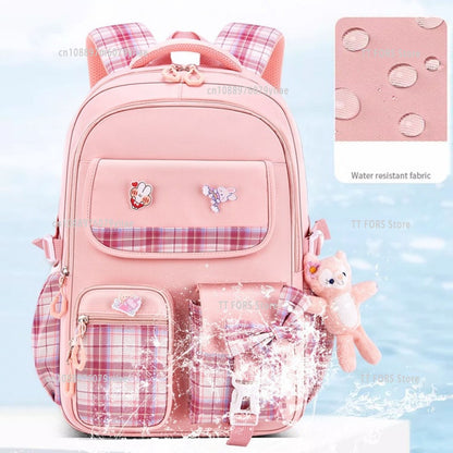 Mochila Escolar Infantil Feminina Xadrez Ergonômica Protege a Coluna Grande Capacidade Leve Impermeável