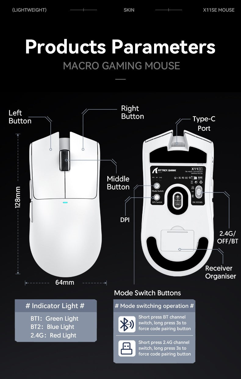 X11 ATTACK SHARK X11SE Mouse Gamer Sem Fio 22000 DPI, Sensor PixArt PAW3311, BT/2.4G/Com Fio, 59g Leve, 2000W Cliques