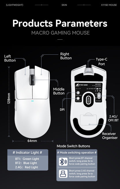 X11 ATTACK SHARK X11SE Mouse Gamer Sem Fio 22000 DPI, Sensor PixArt PAW3311, BT/2.4G/Com Fio, 59g Leve, 2000W Cliques