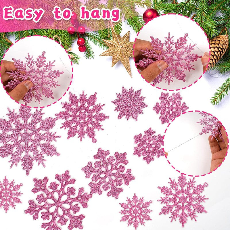 12PCS Pink Glitter Plastic Snowflake Decorations 10cm Christmas Tree Hollow Snowflake Pendants New Year Party Festival Supplies