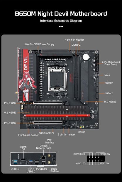 JGINYUE B650M NIGHT DEVIL Desktop Gaming Motherboard AM5 DDR5 96GB 9000MHz M-ATX USB 3.2 M.2x2 for AMD Ryzen 7 9700X