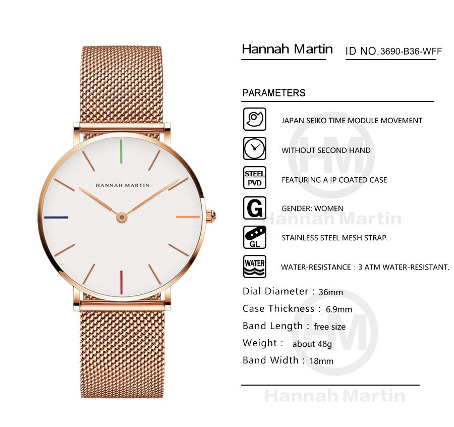 Hannah Martin Women Watch Japan Quartz Movement Simple Waterproof Rose Gold Stainless Steel Mesh Ladies watch relogio feminino