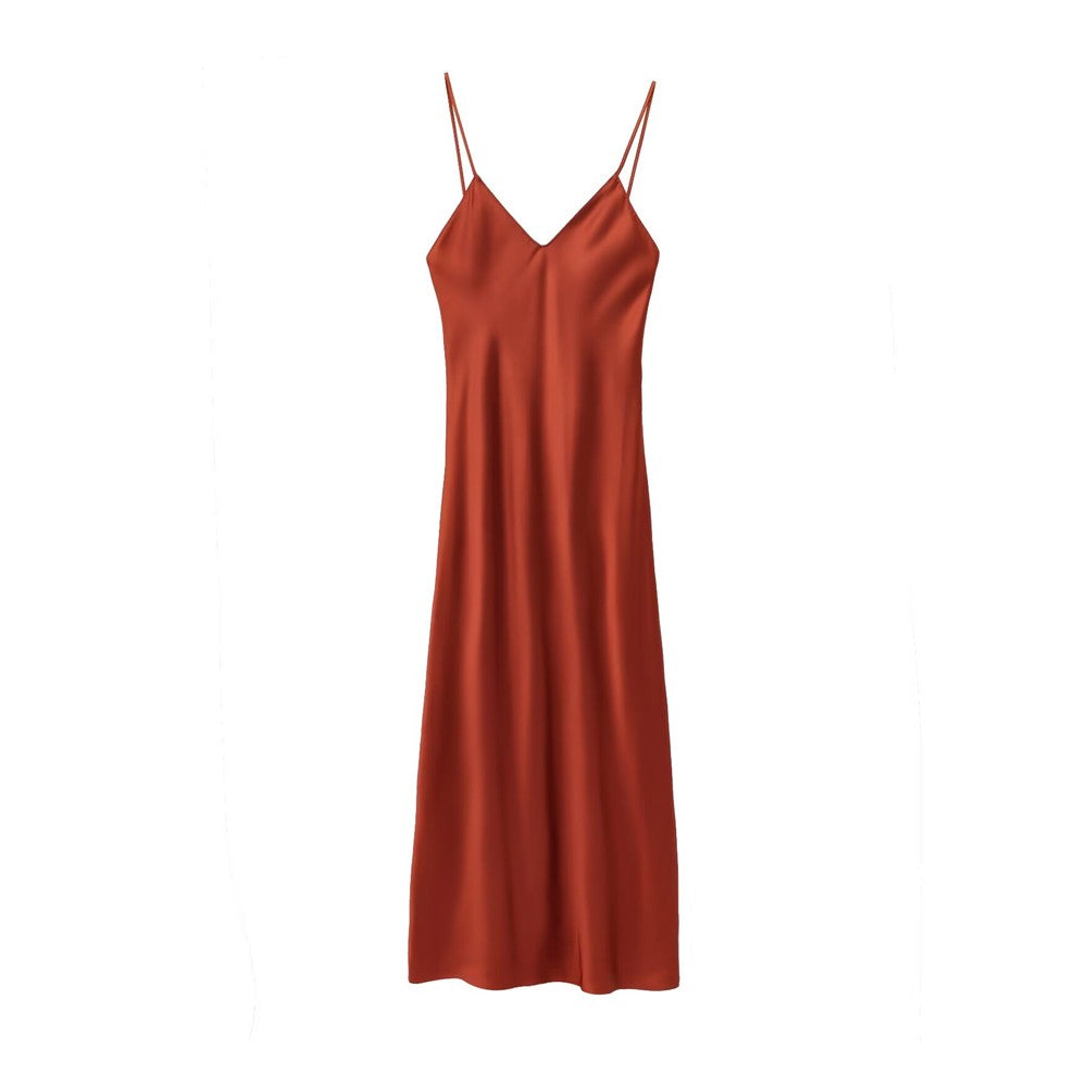 TRZA-Women's Satin Midi Dress, V Neck, Thin Straps, Backless, Female Dresses, Se