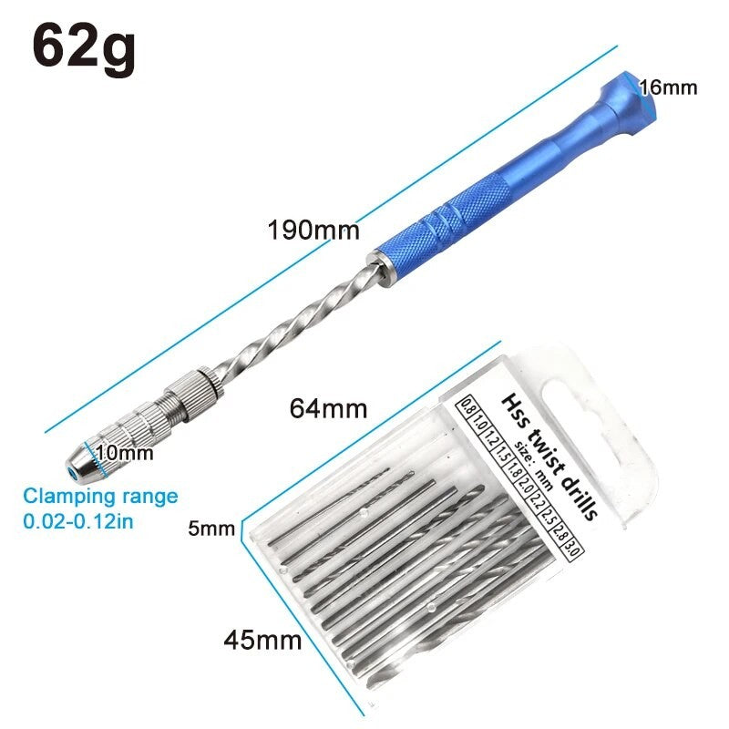 Broca de torção manual semi-automática azul estendida de 0,5-3 mm, ferramenta de perfuração de placa de circuito de plástico âmbar, conjunto de brocas de torção