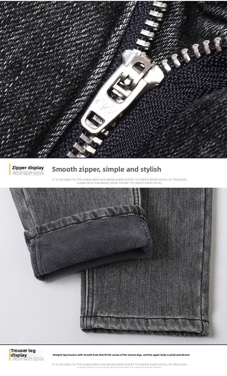 Winter Warm Jeans Men's Slim Straight Elastic Denim Pants Casual Male Clothing Fashion Plush Trousers New Hot Sale Fashion Jeans