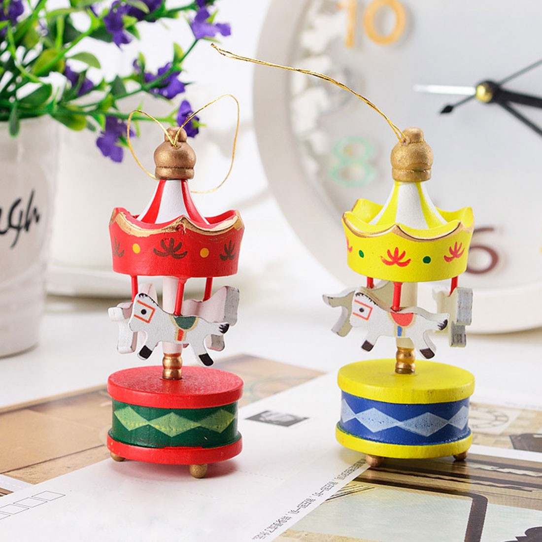 Christmas Wooden Carousel Horse Miniature Ornaments Christmas Tree Hanging Pendants New Year Gift Toy For Kid Home Party Decor