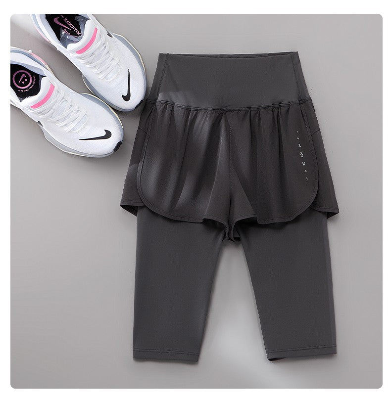 DRUR Knee Length Yoga Pants Summer 2 In 1 Gym Running Shorts Women High Waist Workout Leggings Yogawear Fitness Clothing New