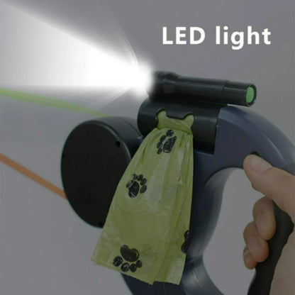 Guia Dupla Retrátil Automática para Cães 3m com Lanterna LED Caixa para Saco de Lixo Coleira Dupla Roda 360 Graus Acessórios para Animais de Estimação