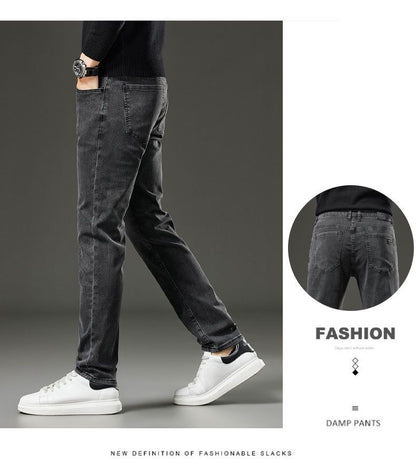 Men's autumn and winter hot jeans elastic small straight leg pants black gray micro elastic zipper fashionable versatile jeans