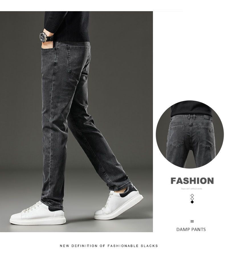 Men's autumn and winter hot jeans elastic small straight leg pants black gray micro elastic zipper fashionable versatile jeans