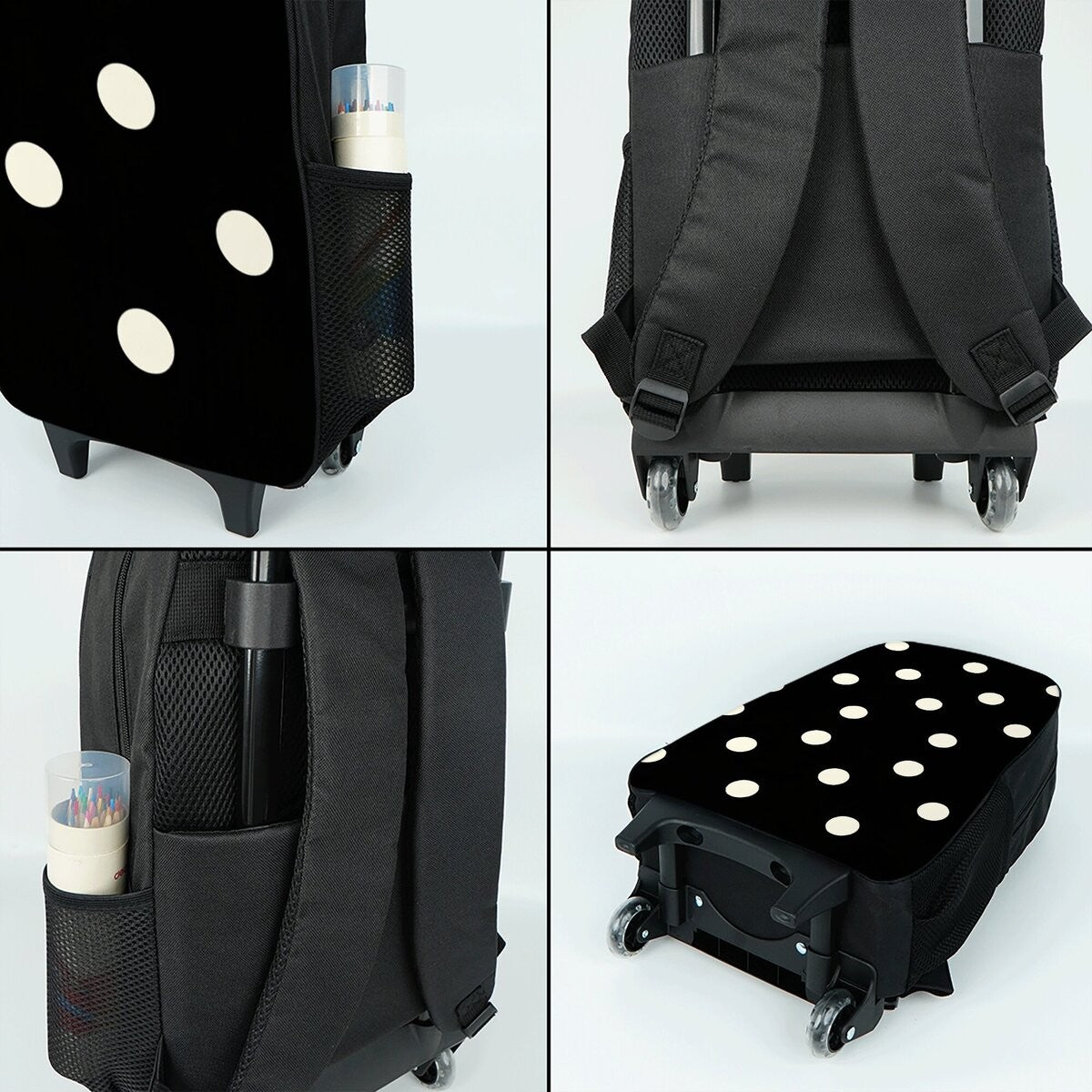 Polka Dots Print Wheeled Rolling Bag Set with Lunch Box Pen Bag with Wheels School Trolley Backpack Bag for Girl/Boys