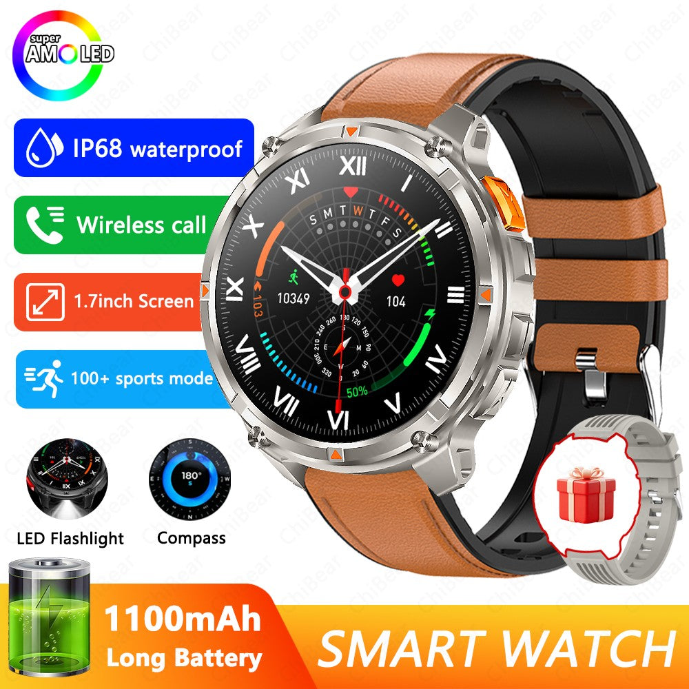 Relógio Inteligente Militar para Homens, Bateria de 1100mAh, Bússola, Monitor de Fitness, Tela AMOLED HD, Chamada BT, Smartwatch para Android IOS