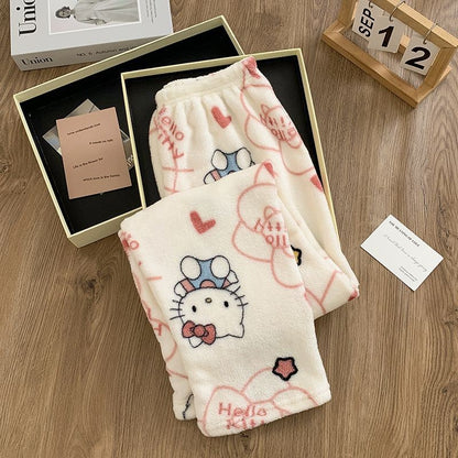 Hello Kitty Women's 2025 Plush Flannel Pullover Pajama Set Winter Cozy Long Sleeve Pants Embroidered Casual Home Loungewear