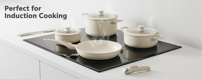 12 Pcs Ceramic Nonstick Cookware Set, Carote Pots and Pans with Removable Handles, Non-Toxic Cow Print Design Kitchen Essentials