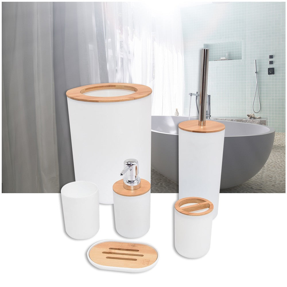 6 peças/conjunto caixa dispensadora de sabonete escova sanitária garrafa de loção lata de lixo bambu plástico conjunto de armazenamento de banheiro suporte para escova de dentes e copo