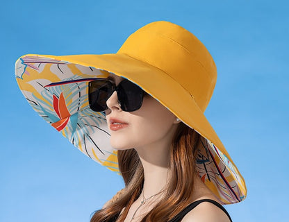 Chapéu Feminino de Verão Dupla Face com Aba Larga Proteção Solar Flor Praia Elegante Ao Ar Livre Protetor Solar Atacado Novo