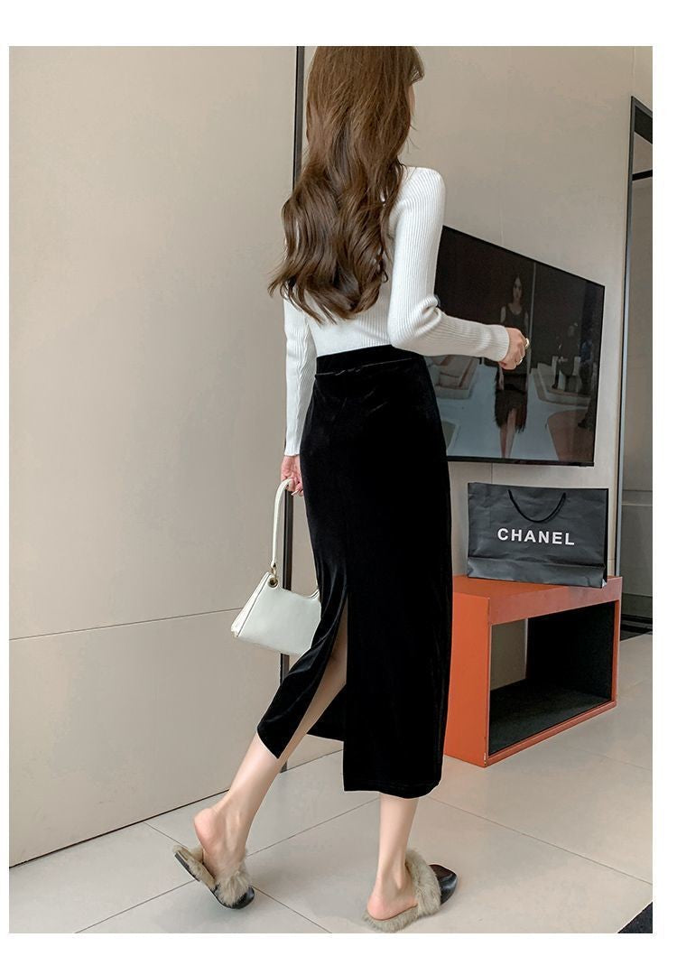 Elegant Velvet Black Long Skirts Women Autumn Winter High Waist Faldas Korean Fahion Clothing Office Ladies Bodycon Midi Skirt