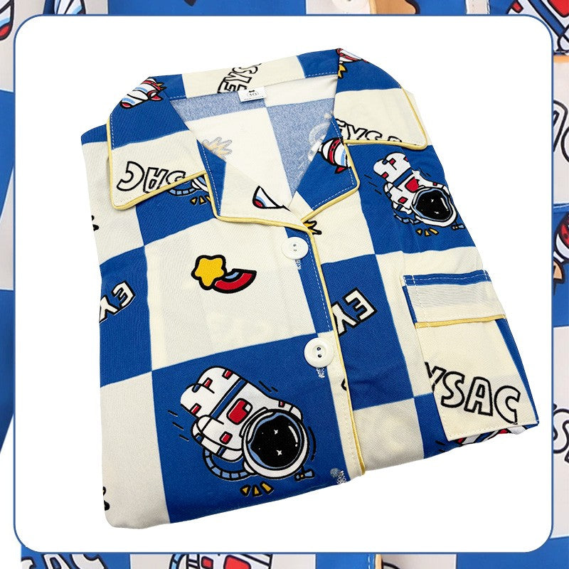 Space Theme Boys Pajama Sets Astronaut Long Sleeve Sleepwear with Galaxy Print Button Down Collar PJs for Kids Loungewear Outfit