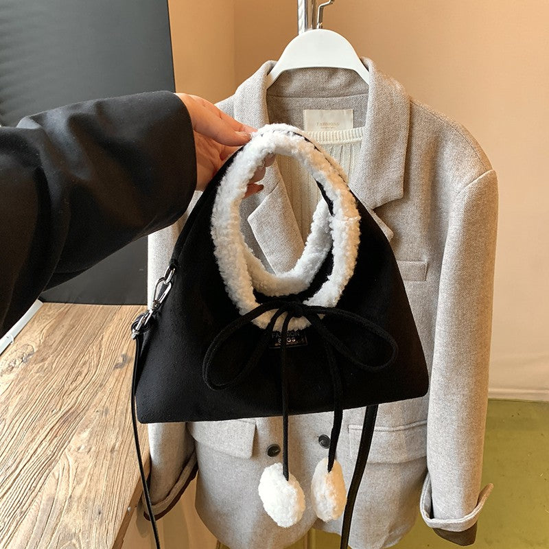 Faux Suede Solid Color Bow Hairy Cute Women's Handbags Christmas Gift Giving Fashion Bags 2025 Autumn/winter New Shoulder Bags