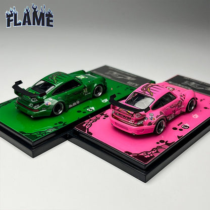 In-Stock Flame 1:64 Rwb 993 964 Pink/Green Dinosaur Paint Simulation Alloy Miniature Die-Cast Car Model Custom Children Toy Gift
