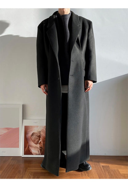 Mauroicardi Autumn Winter Extra Long Warm Black Loose Casual Wool Blends Coat Men Luxury Floor Length Overcoat Korean Fashion